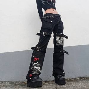 Gothic Black Cargo Pants Capri Women