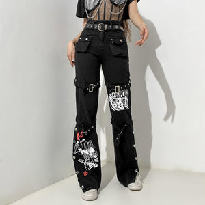 Gothic Black Cargo Pants Capri Women