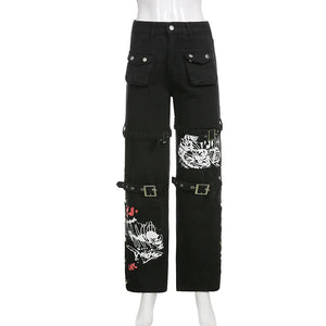 Gothic Black Cargo Pants Capri Women