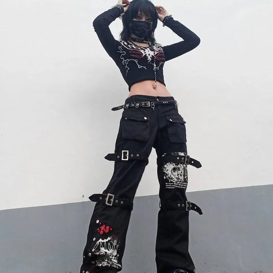 Gothic Black Cargo Pants Capri Women