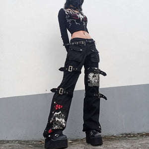 Gothic Black Cargo Pants Capri Women