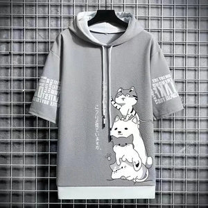 Japan Casual Streetwear Print Hooded Top Short Sleeve Sweatshirts