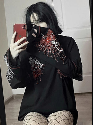 Spider Web Long Sleeve Shirts Women Spider Web Graphic Print Top