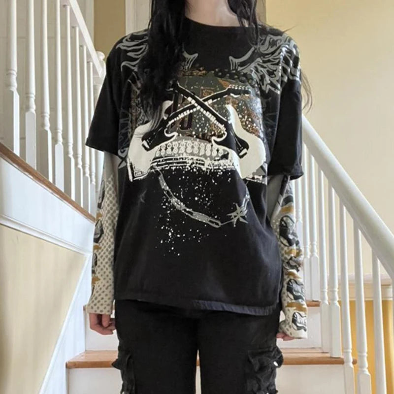 Cross Print T-shirt Women Y2K Cyber Grunge 00s Retro Harajuku Patchwork Long Sleeve Tee E Girl Gothic Mall Goth Sweats Tops