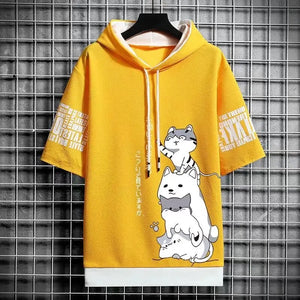 Japan Casual Streetwear Print Hooded Top Short Sleeve Sweatshirts