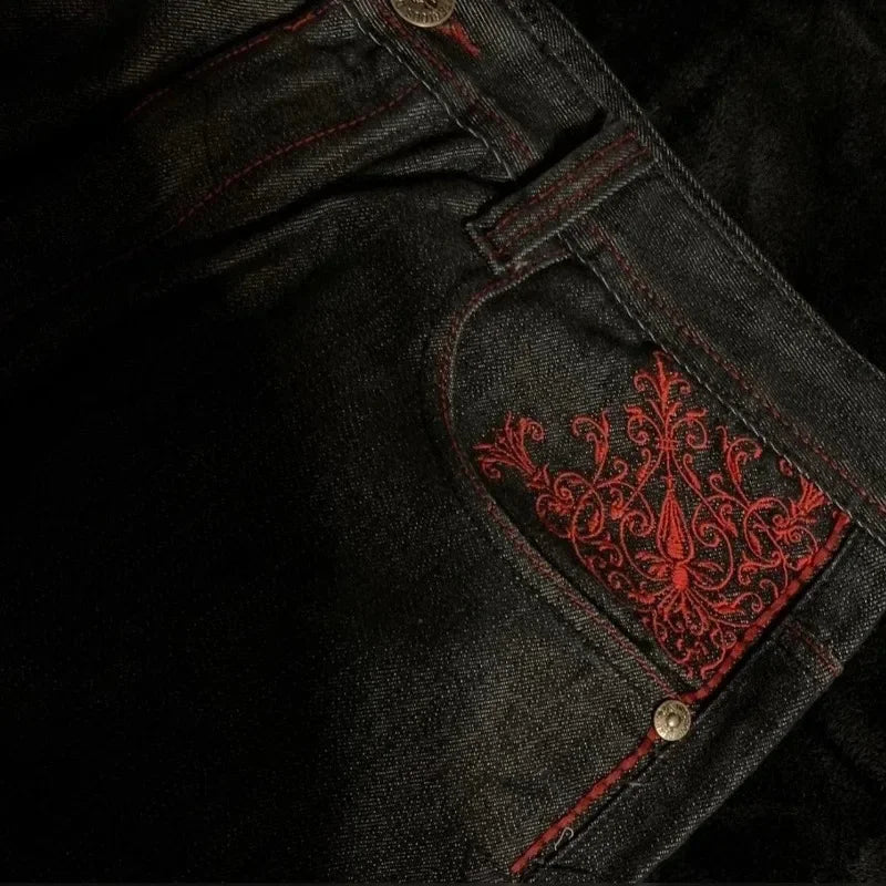 High Street Gothic Embroidered Y2K Jeans – Men's Black & Red Retro Streetwear