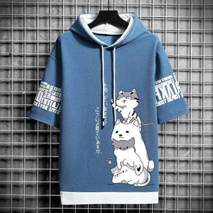 Japan Casual Streetwear Print Hooded Top Short Sleeve Sweatshirts