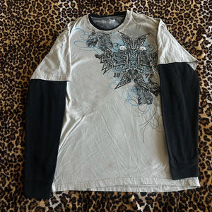 2000s Rare Skull Graphic Pullovers Tops Grunge Cyber Y2k Cross Print Layered T-shirt 90s Vintage Mall Goth Techwear Tees Women