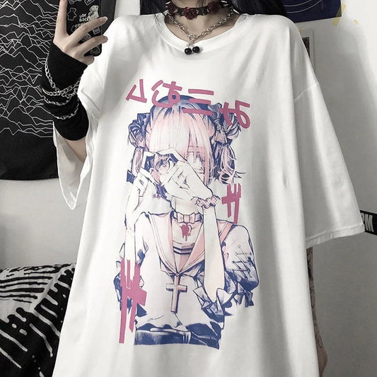 Anime crop tops women T-shirts y2k Short Sleeve  OverSize