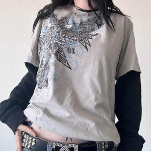 2000s Rare Skull Graphic Pullovers Tops Grunge Cyber Y2k Cross Print Layered T-shirt 90s Vintage Mall Goth Techwear Tees Women