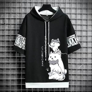 Japan Casual Streetwear Print Hooded Top Short Sleeve Sweatshirts