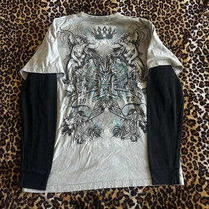 2000s Rare Skull Graphic Pullovers Tops Grunge Cyber Y2k Cross Print Layered T-shirt 90s Vintage Mall Goth Techwear Tees Women