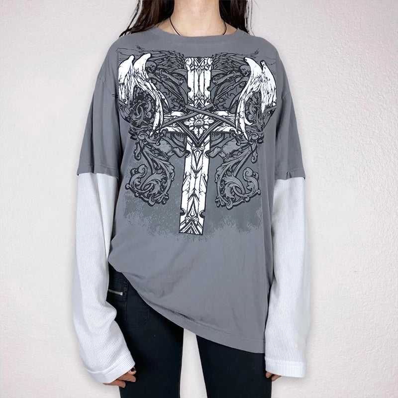 Cross Print T-shirt Women Y2K Cyber Grunge 00s Retro Harajuku Patchwork Long Sleeve Tee E Girl Gothic Mall Goth Sweats Tops