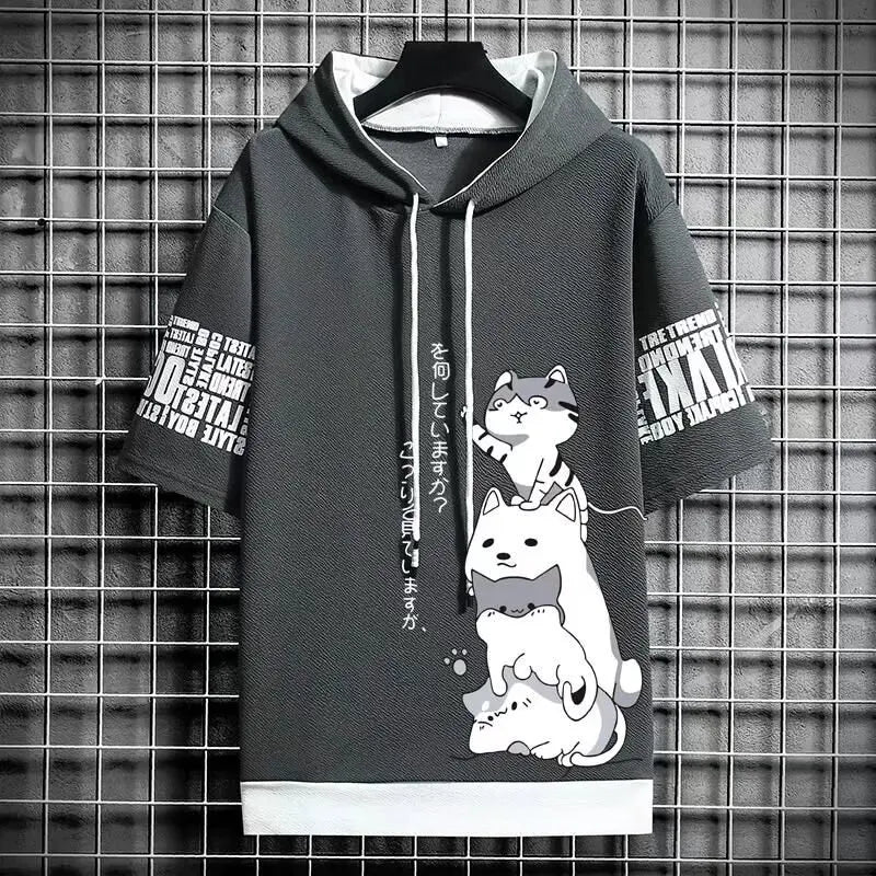 Japan Casual Streetwear Print Hooded Top Short Sleeve Sweatshirts