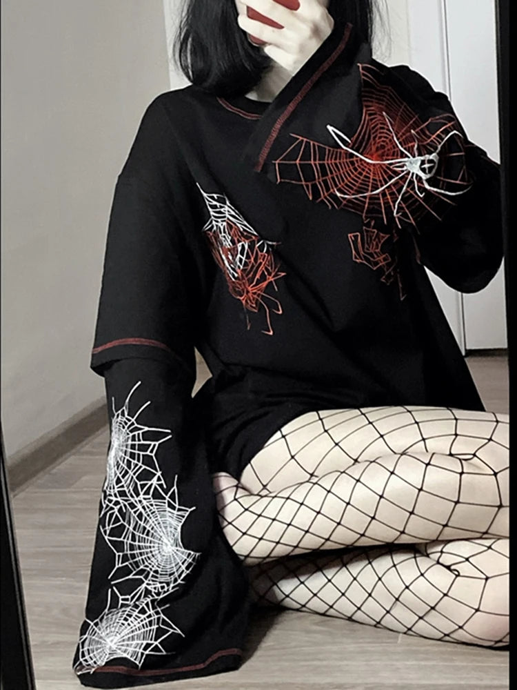 Spider Web Long Sleeve Shirts Women Spider Web Graphic Print Top