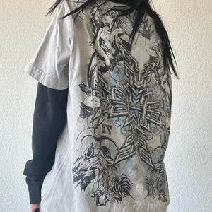 2000s Rare Skull Graphic Pullovers Tops Grunge Cyber Y2k Cross Print Layered T-shirt 90s Vintage Mall Goth Techwear Tees Women