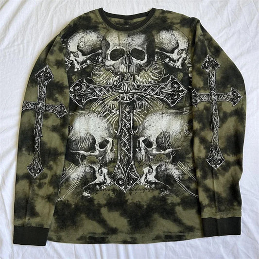 Gothic Grunge Cross Skull Print T-shirt for Women