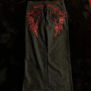 High Street Gothic Embroidered Y2K Jeans – Men's Black & Red Retro Streetwear