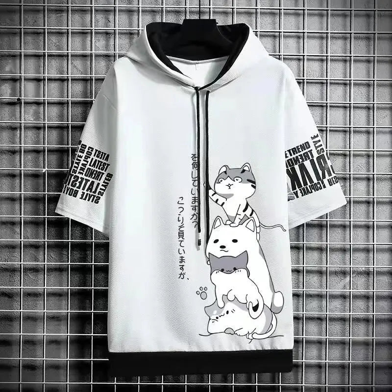 Japan Casual Streetwear Print Hooded Top Short Sleeve Sweatshirts